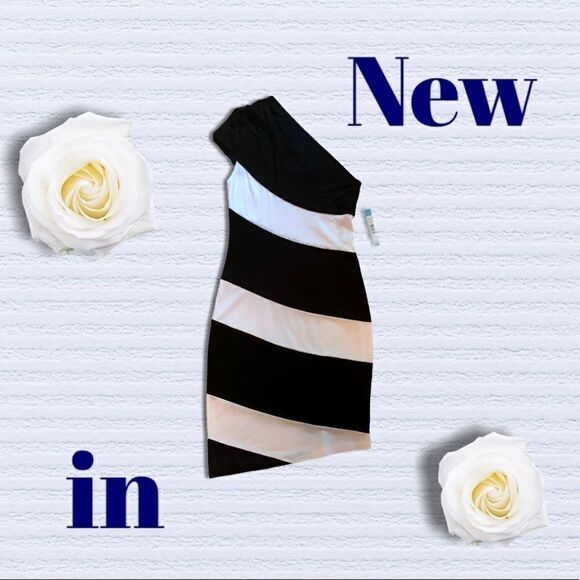 ALICE + OLIVIA BLK/WHT STRIPE SHOULDER DRESS S NWT - Picture 2 of 14
